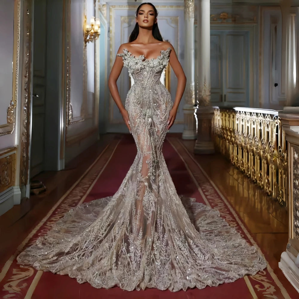 2026 New Bridal Gown Luxury Elegant Beaded Strapless Long Train Backless Mermaid Wedding Dress