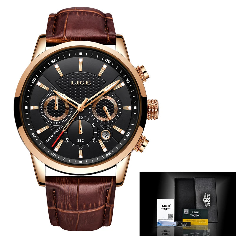 LIGE 9866 Men's Quartz Watch Luxury Waterproof Watch for Men with Chronograph Date Luminous Hands Fashion Sports Male Wristwatch
