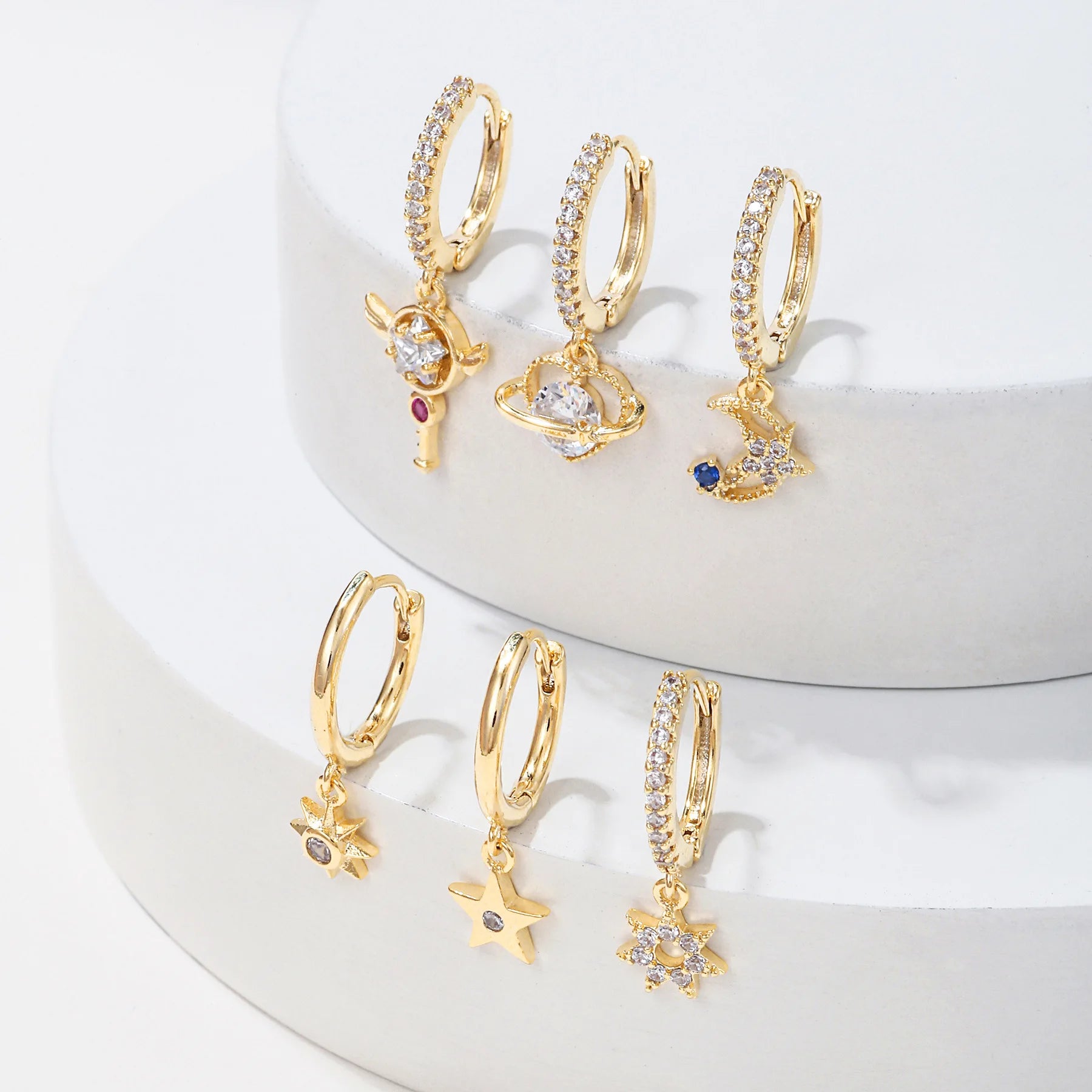 6Pcs Cross Border Colorful Zircon Moon and Star Earrings Trendy Geometric Jewelry Earrings Set