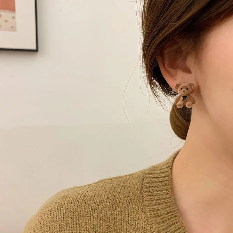 New Fashion 925 Silver Needle Kawaii Funny Plush Stud Clip Earrings Cute Bear Dainty Earrings for Girls Women Gift Jewelry