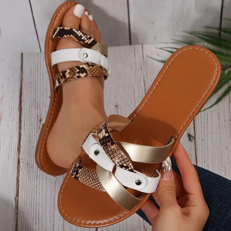 Ladies Fashion Round Head Flat Bottom Slippers Soft Bottom One Strap One Foot Stirrup Ladies Flat Sandals Casual Women's Shoes