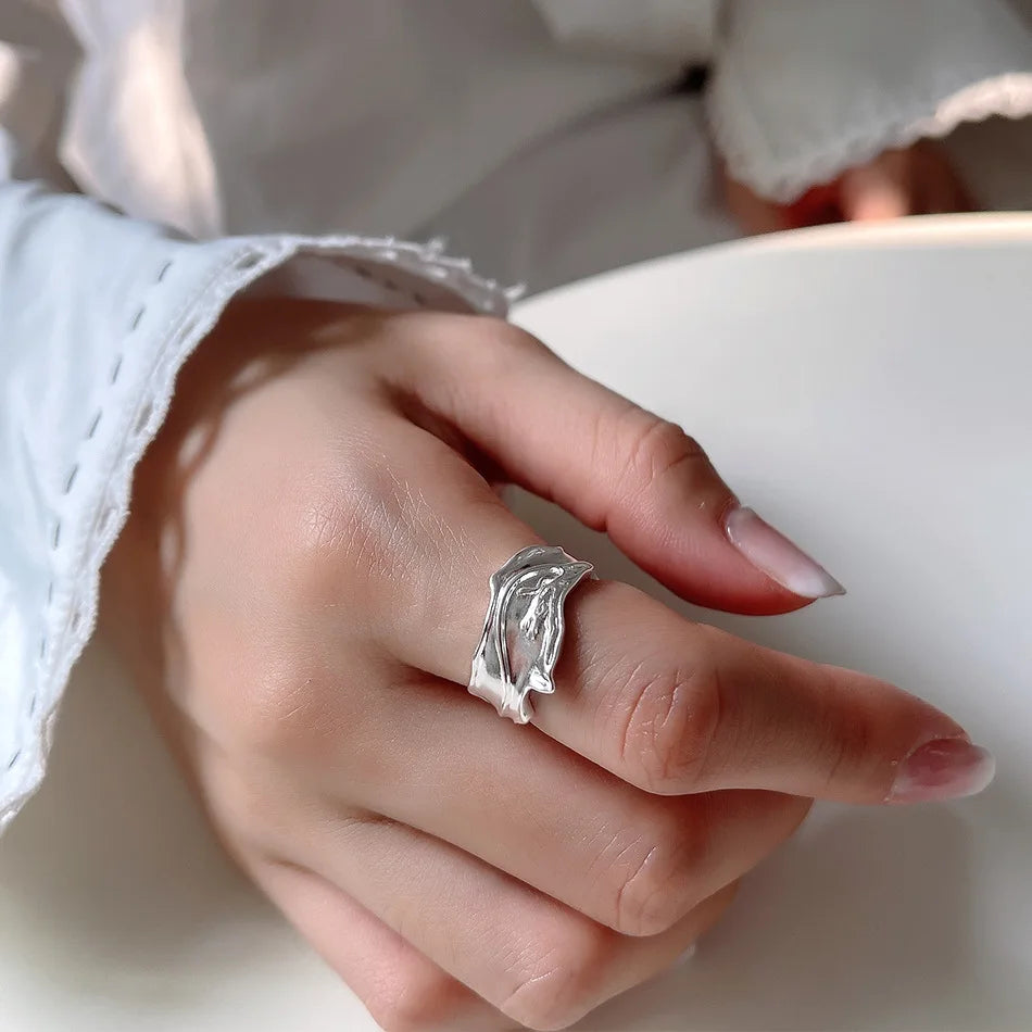 925 Sterling Silver Hammered Texture Chunky Open Size Rings for Woman