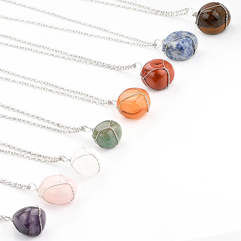 Healing Natural Gemstone Wire Wrapped Round Stone Pendant Necklace for Jewelry Making