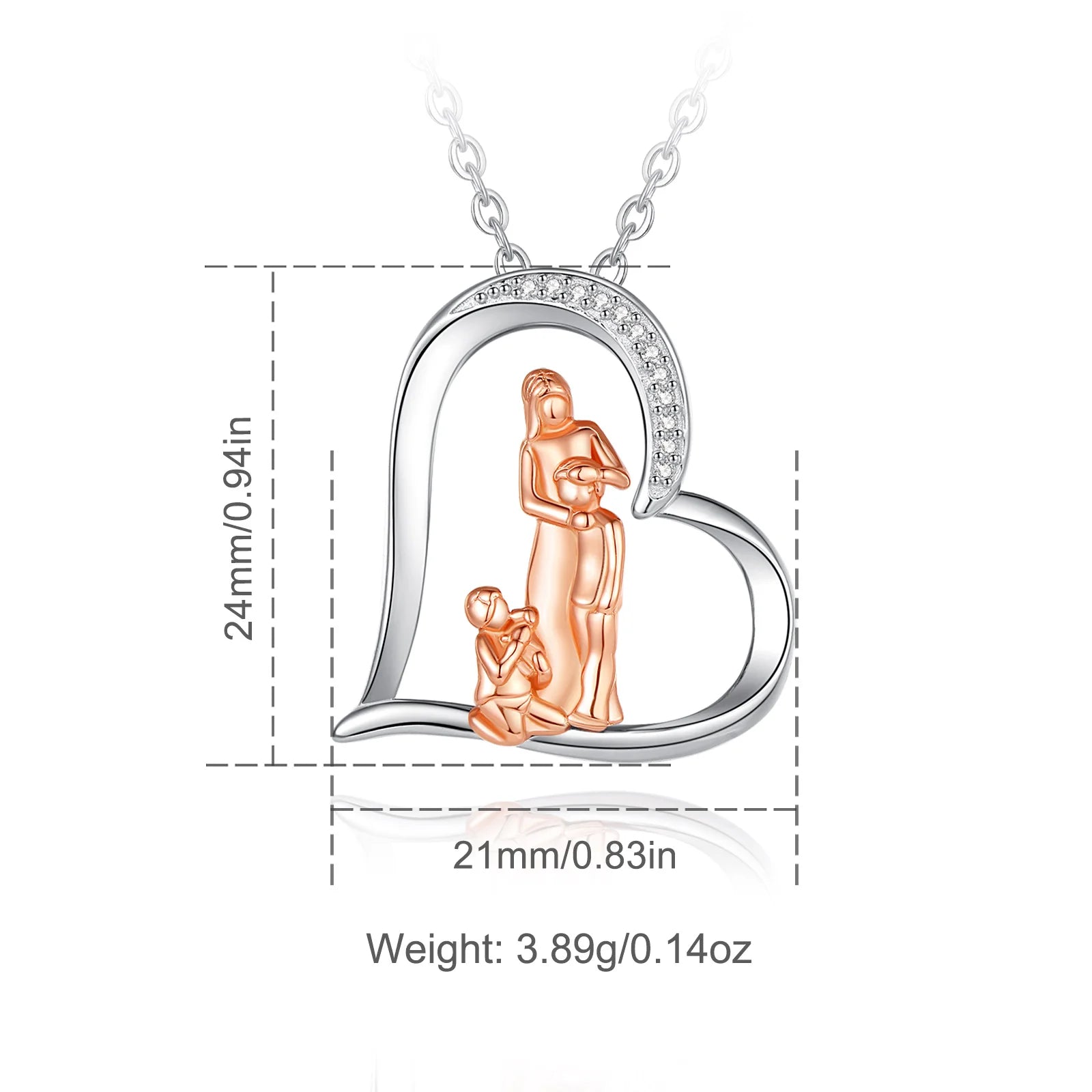 Merryshine 925 Sterling Silver Heart Shape Zircon Dainty Mom Mother and 2 Daughter Pendant Necklace