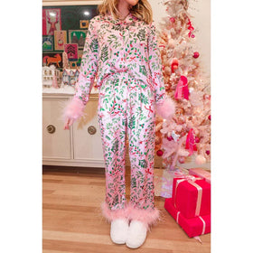 2024 Family Pajamas Sets Feather Long Sleeve Women and Daughter Loungewear Pink Cute Pajamas for Women Set
