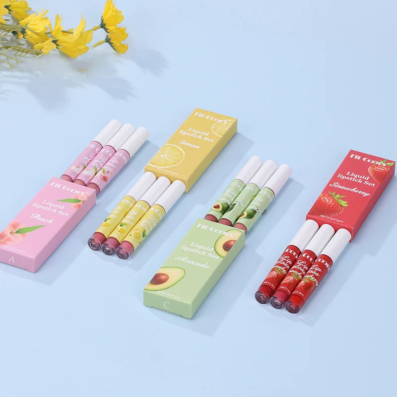 Fit Colors Popular Fruity Flavor Liquid Matte Lipstick Set 3 Packs Fruity Lip Gloss Cover Box