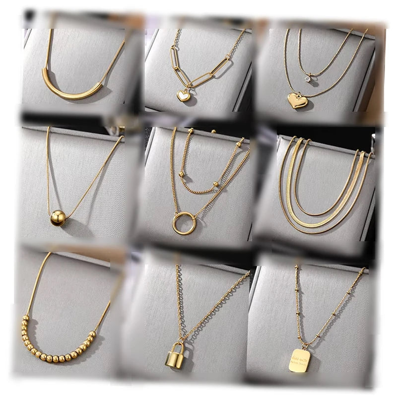 VKME Women Jewelry Trend 18K Gold Plated Multi-Layer Snake Bone Chain Heart Stainless Steel Necklace
