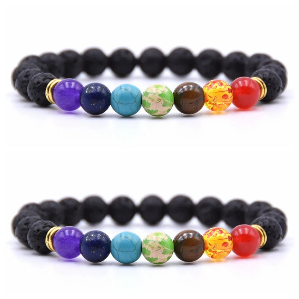 7 Turquoise Gemstone Chakra Bracelet 8MM Natural Rock Lava Stress Relief Reiki Yoga Diffuser for Men Women Anxiety Crystal Gift