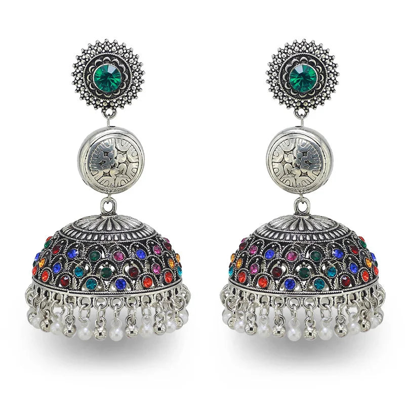 Ethnic Gypsy Indian Drop Earrings for Women Boho Jewelry Ladies Retro Antique Silver Round Charm Pearl Tassel Jhumka Earring