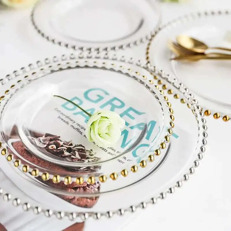 Wholesale Banquet Wedding Gold Silver Rim Beaded Glass Charger Plate