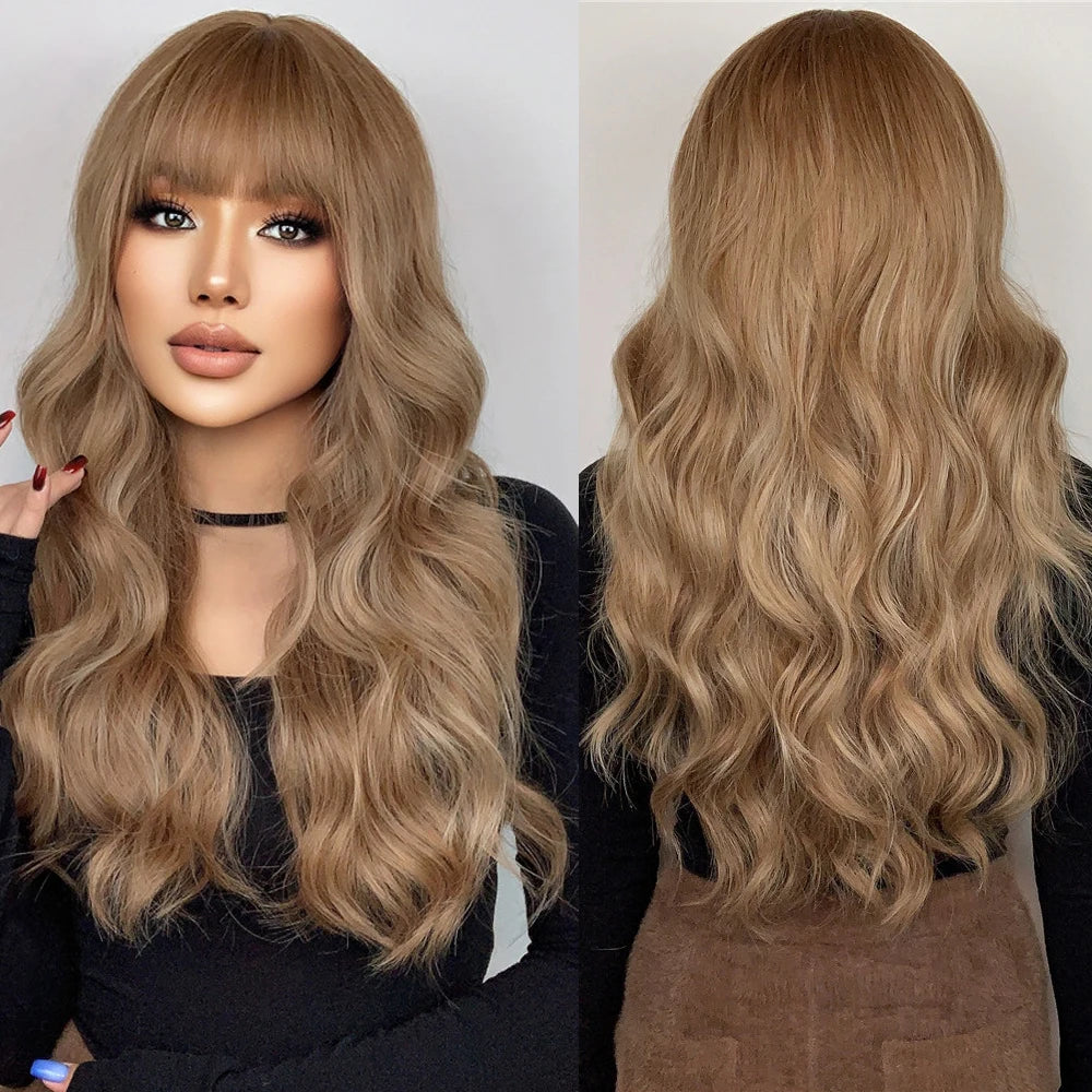 Wigs Wholesale Light Brown Body Wave Synthetic Wigs with Bangs Long Brown Natural Wavy Wig for Women Daily Use High Quality