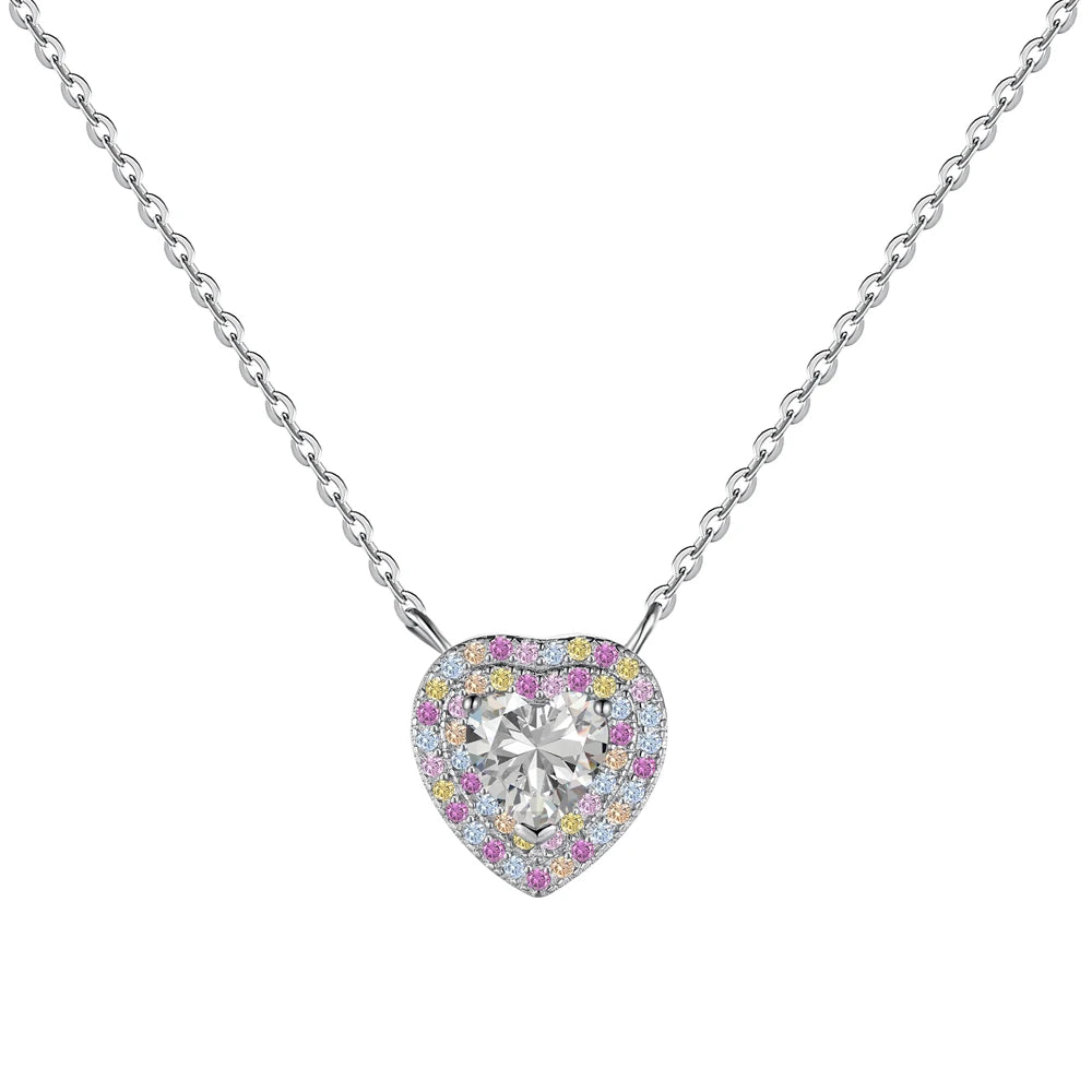 Dylam Dropshipping S925 Sterling Silver Heart Shape Rainbow Jewelry Pink Stone Necklace Cz Cubic Zirconia Necklaces for Women