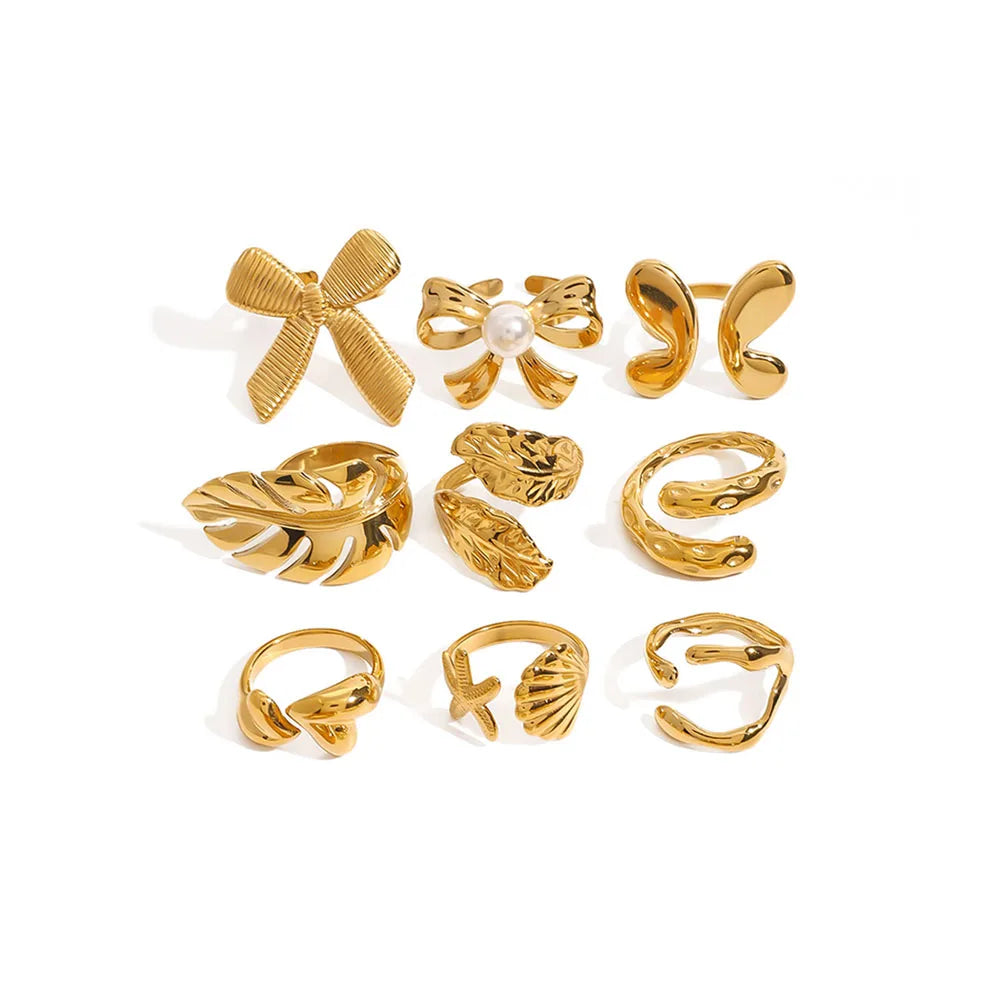 Stylish Stainless Steel PVD Gold Plated Free Size Rings Water Resistant Leaf Bow Heart Open Rings Fashion Jewelry for Women