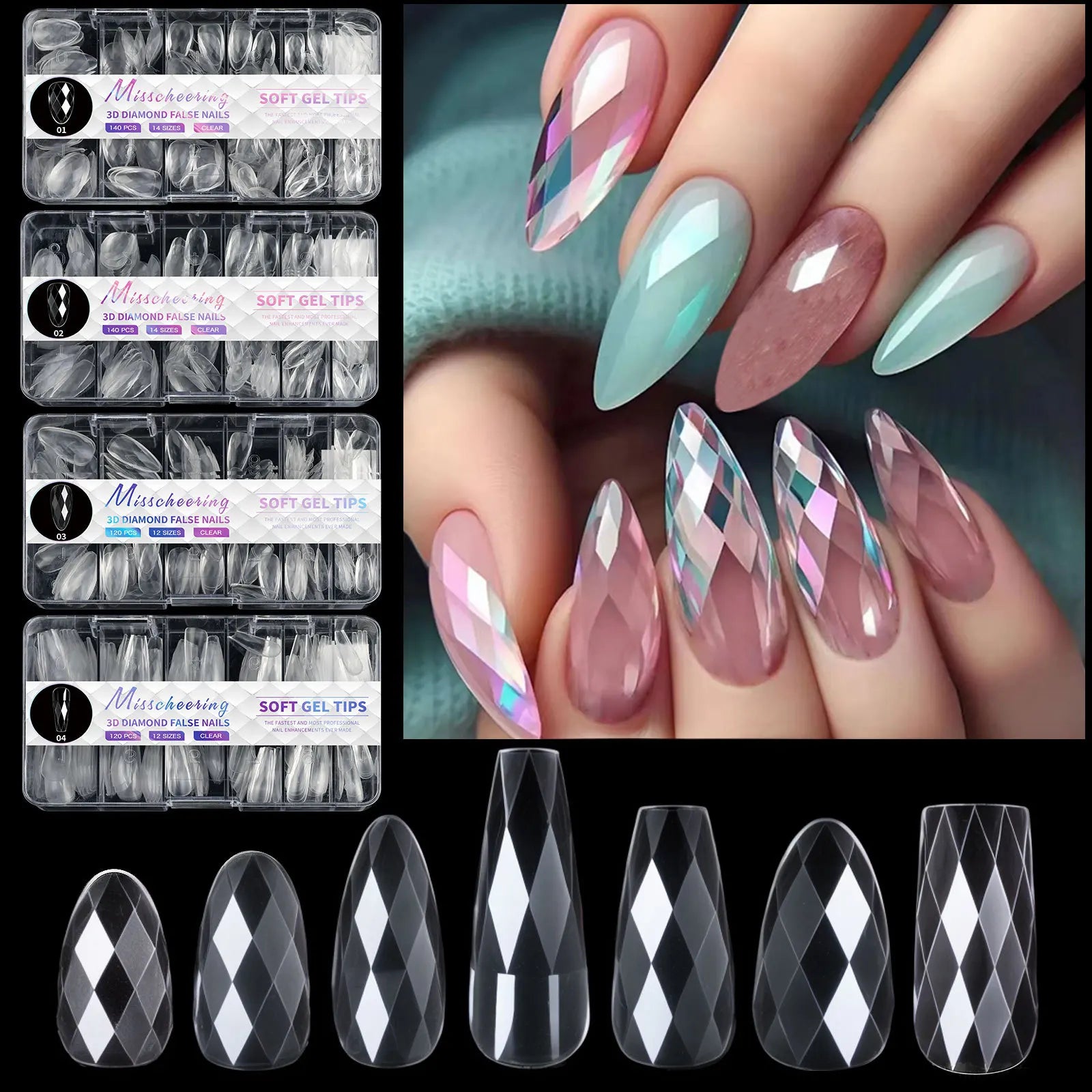 Wholesale 3D New 3D Diamond Almond Shaped French Nail Non-trace clear Wear Nails False Artificial New Acrylic False Nail Tips