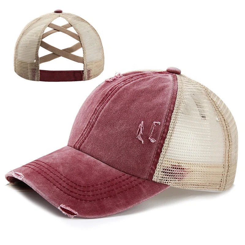 Wholesale Female Fashion Sports Cap Curved Brim Washed Canvas Trucker Mesh Hat Character Style for Outdoor for Cross Ponytail