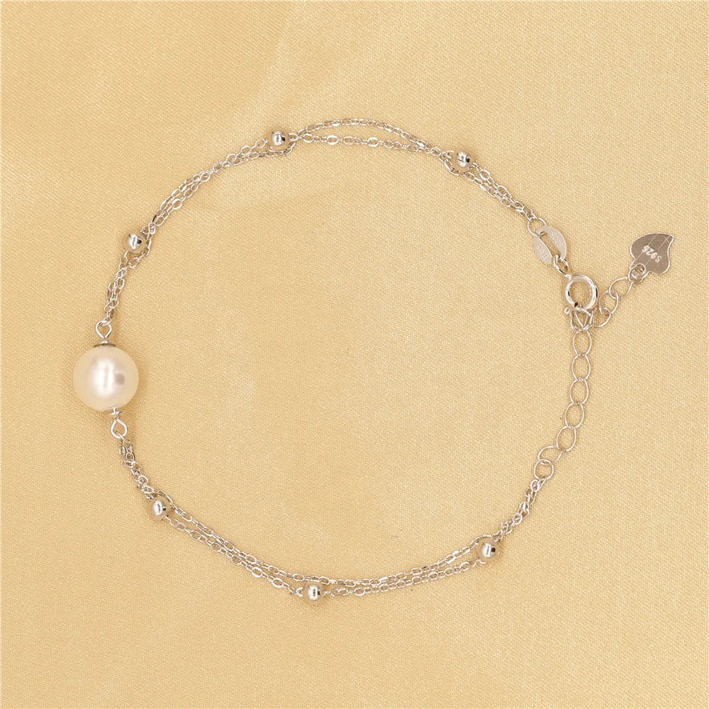 B074 8-9mm 925sterling Silver Gold Plated Wholesale Freshwater Pearl Charm Bracelet Bangle Fancy Jewelry Resizable for Women