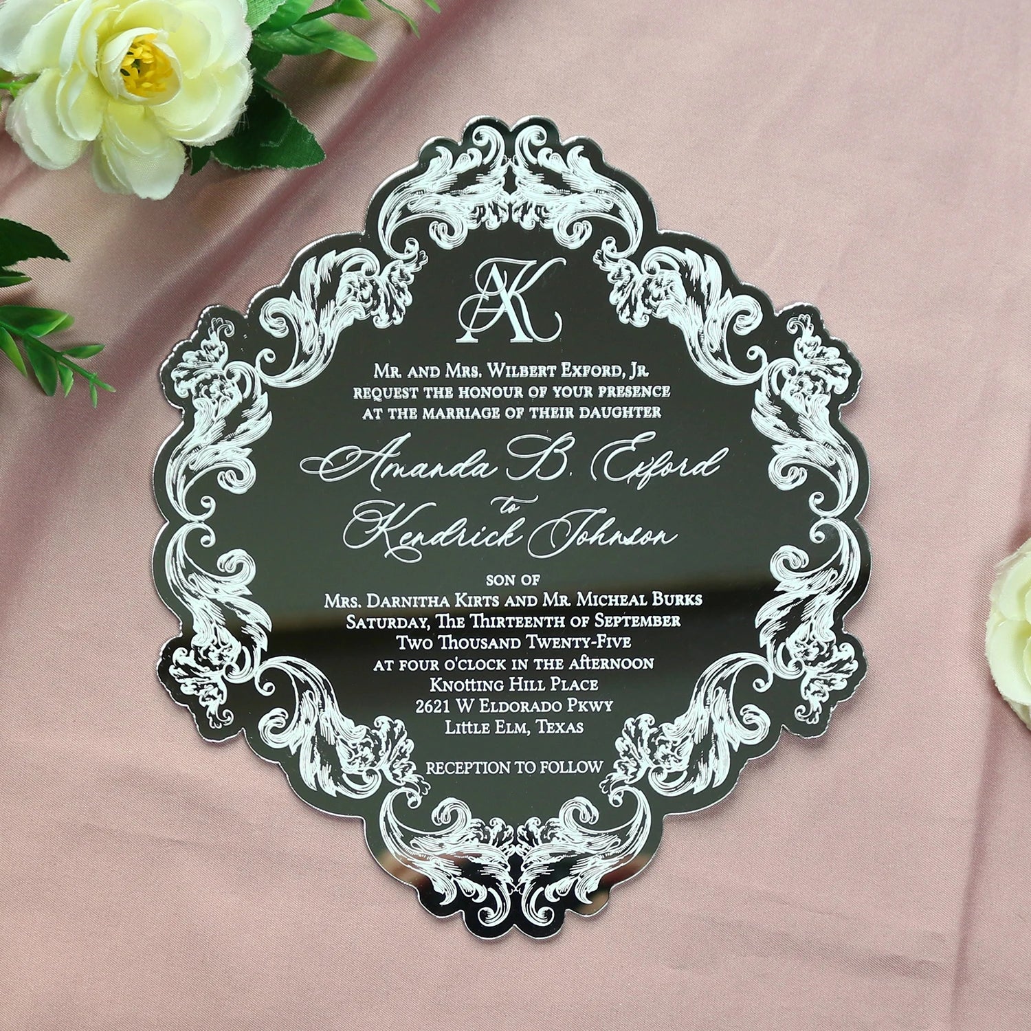 2026 Unique Design Silver Mirror Acrylic Wedding Invitation with White Foil Text for Wedding/Birthday Event