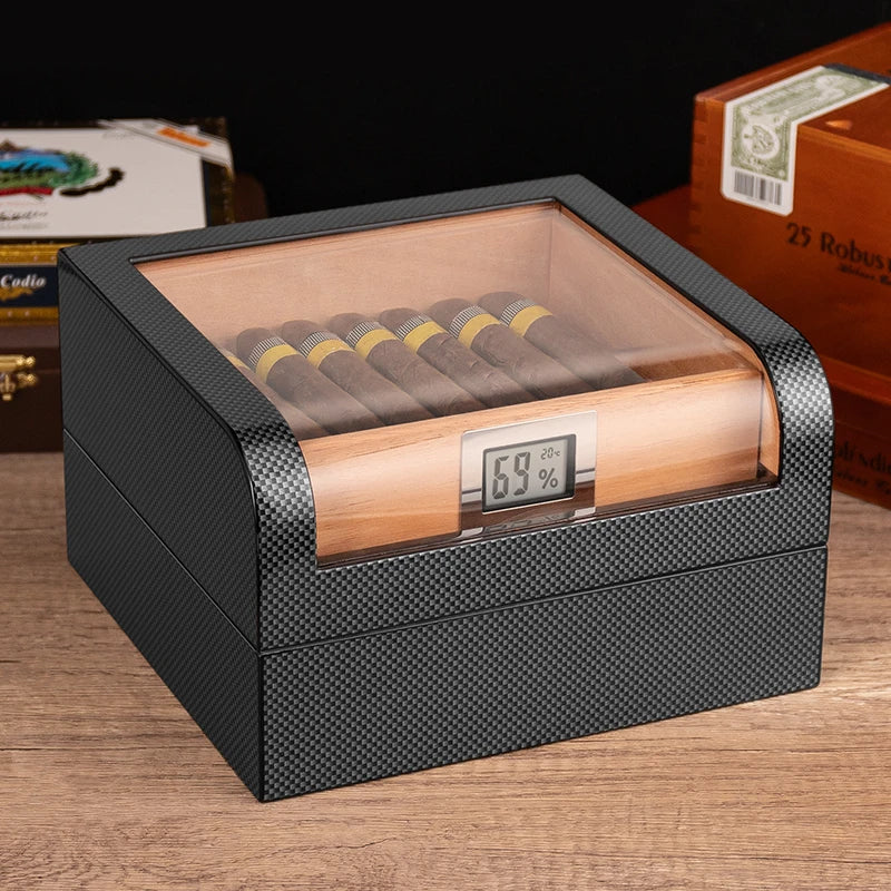 Hot Selling Classic Design Cedar Wood Humidor Large Capacity Three Layers Carbon Fiber Cigar Box Lacquer Technique Wholesale