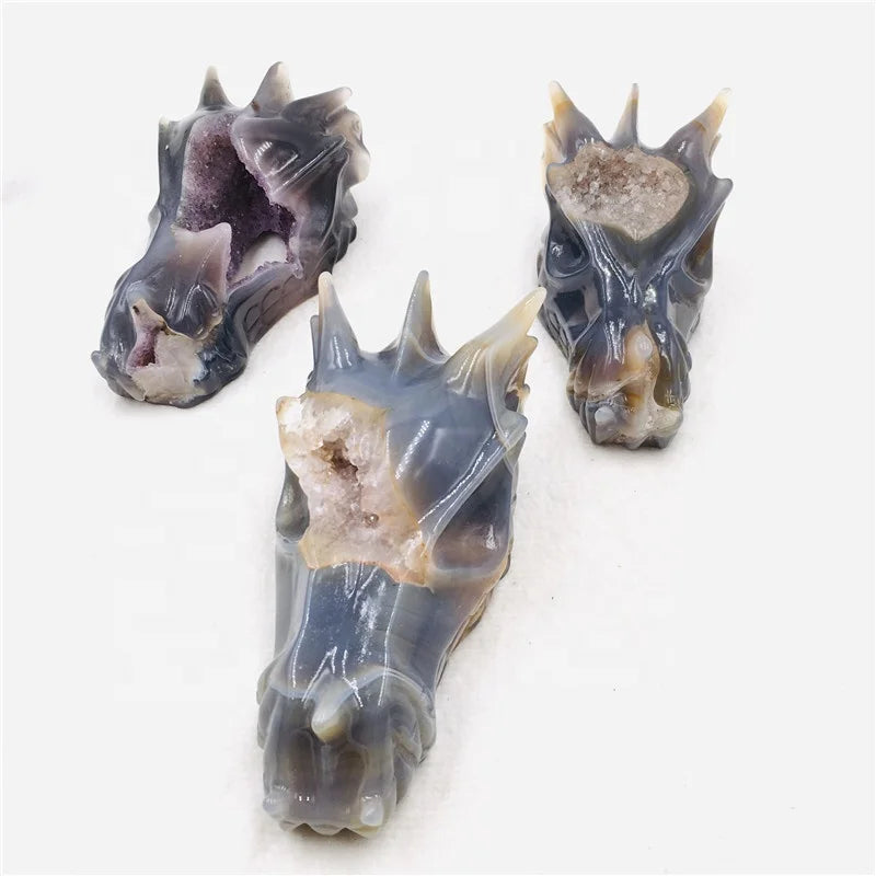 Wholesale Natural  High Quality Hand Carved Agate Geode Crystal Dragon Skull for Home Decoration
