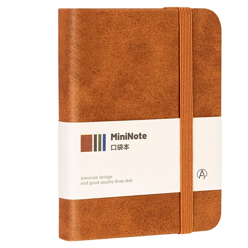 Deli BP119 Brown Leather Notepad Bandage A7 Portable Business Office Meeting Pocket Notebook 96sheets 128pcs Per Carton Set