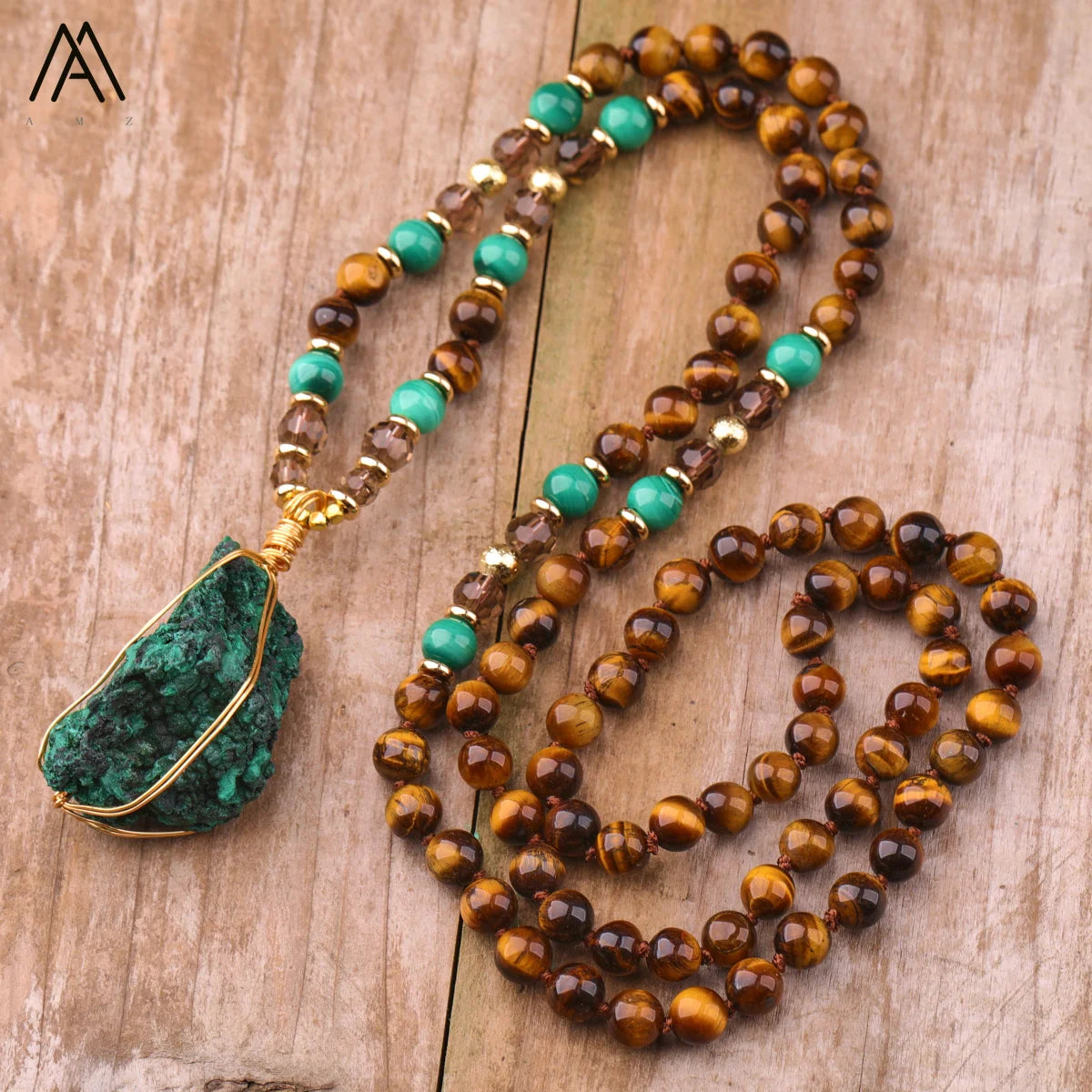 Natural Raw Malachite Gold Plated Healing Tigers Eye Meditation Mala Necklace 108 Bead Yoga for Women Gift