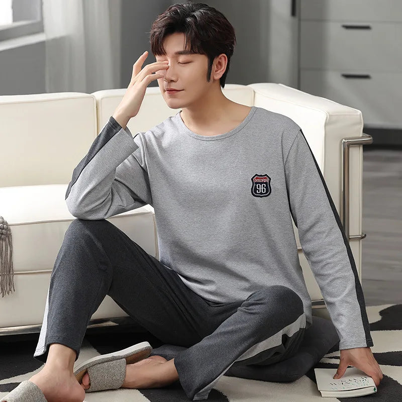 Men's Round Collar Long Sleeve Trousers Two Piece Sleepwear Autumn Korean Casual Turtleneck Cotton Simple Home Pajamas