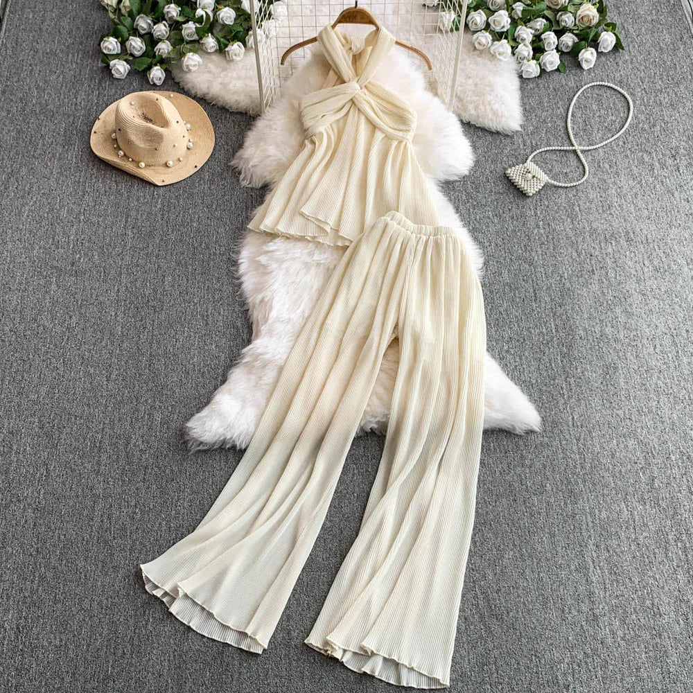 Summer Strapless Hanging Neck Vest High Waisted Drape Pleated Wide Leg Pants 2 piece Set