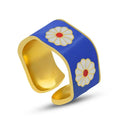 Boho Simple Stainless Steel 18K Gold Plated Open Wide Blue Flower Finger Ring Titanium Steel Curved 11mm Wide Daisy Blue Rings