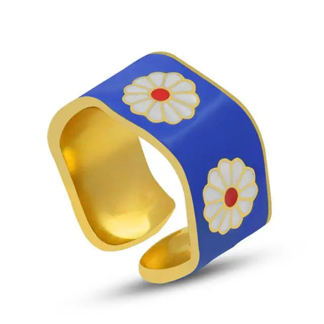 Boho Simple Stainless Steel 18K Gold Plated Open Wide Blue Flower Finger Ring Titanium Steel Curved 11mm Wide Daisy Blue Rings