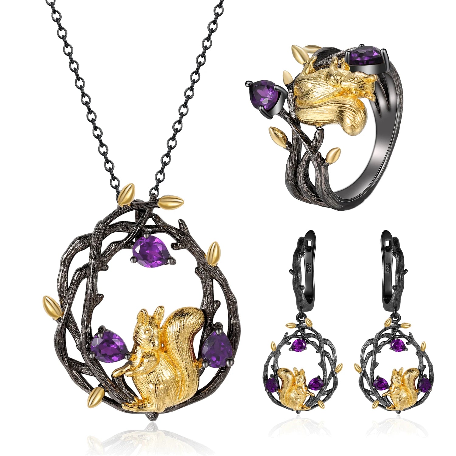 C7874 Abiding Fine Jewelry China Wholesale Beautiful Squirrel Style Natural Amethyst 925 Sterling Silver Jewelry Set