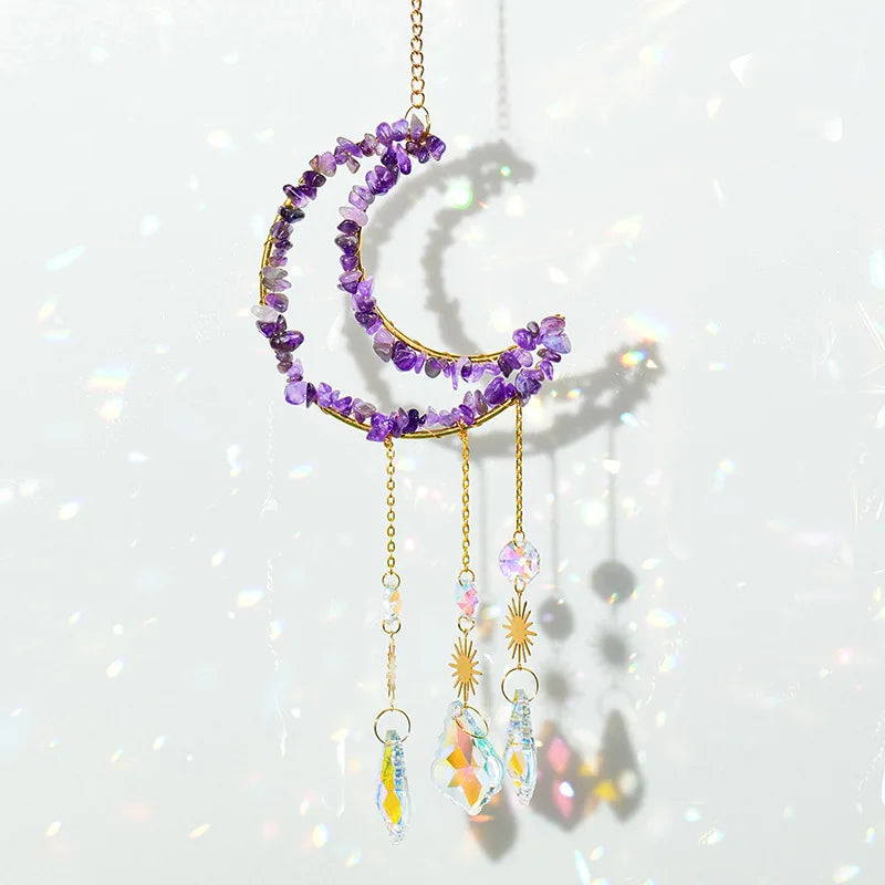 Colorful Crystal Ball Wind Chime Hanging Suncatcher Room Rainbow Maker Natural Crystal Chips Moon Prism Hanging for Decoration