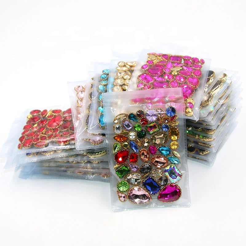 HFOUR Mixed Shape 3D Flatback Glass Rhinestones 23 Colors 60 Bags/Box with Lace Claw Sew-On Loose Rhinestones for Garment/DIY