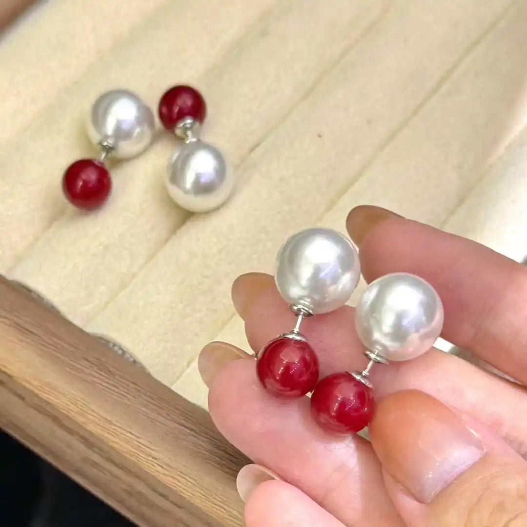 Lucky Double Pearl Earrings 8+10mm Imitation Jade Imitation Australian White Sea Pearl Earrings Artificial Jewelry Earrings