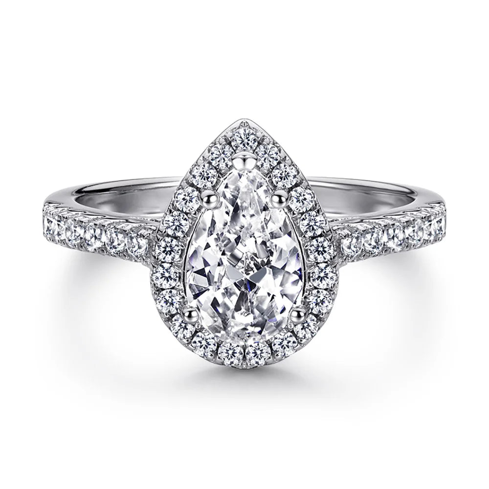 Dylam Women's Fine Jewelry Rhodium Plated Teardrop Halo Pear Cut 1 Ct Cubic Zirconia CZ Solitaire Engagement Ring