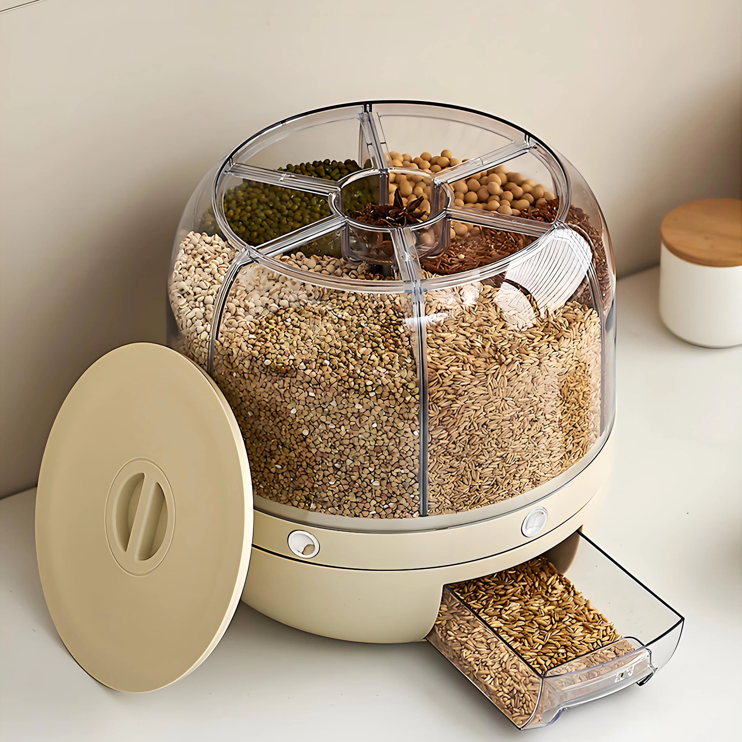 Hot Products Moisture-Resistant 6 Compartment Rotary Food Cereal Dispenser Kitchen Storage Jar for Sorting & Storing Foods