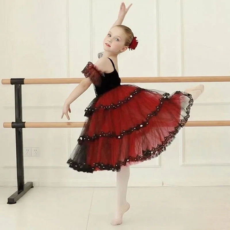 Professional Ballet Romantic Tutu Long Skirt Black Red Spain Dress Adult Children's Ballet Performance Dress