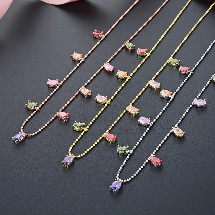 925 Sterling Silver Rainbow Zirconia Necklace | Adjustable Length Sparkling Pendant Chain | Hypoallergenic Women's Jewelry Gift