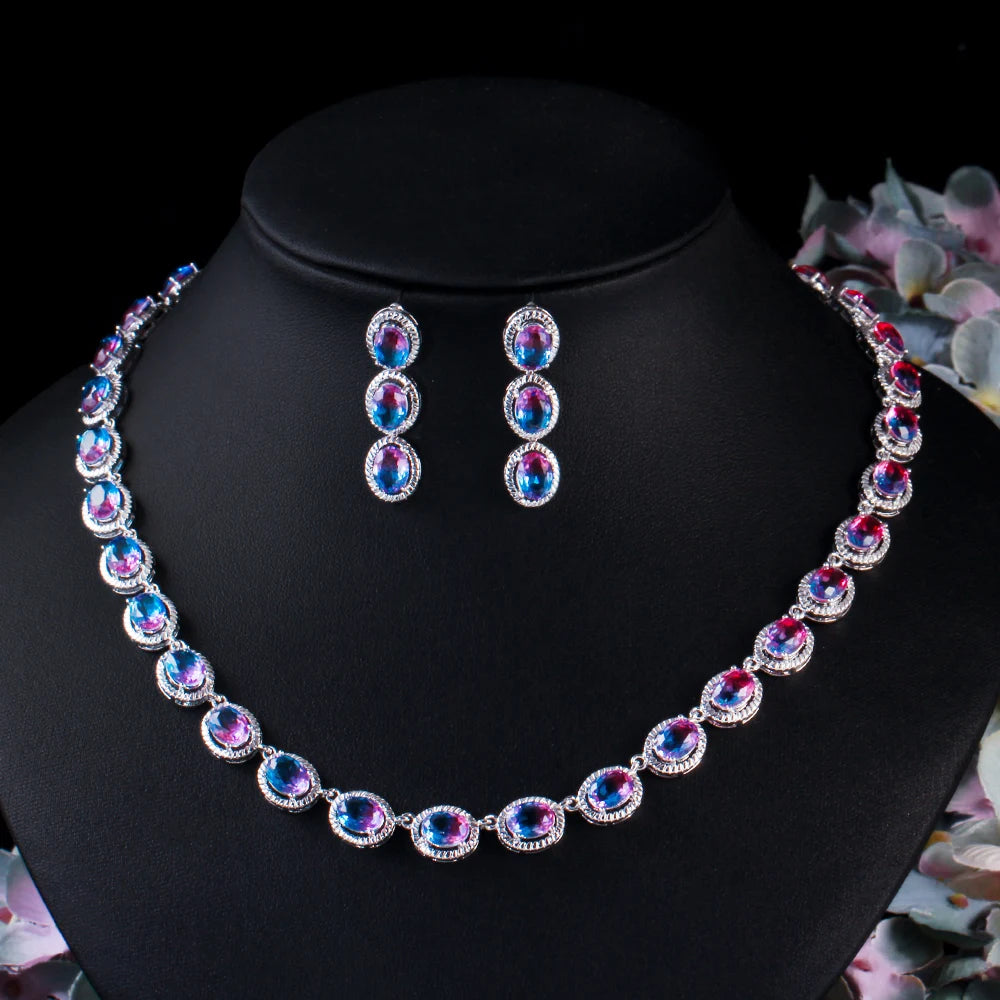 Beautiful Rainbow CZ Mystic Stone Round Drop Women Party Necklace Earrings Fashion Bridal Wedding Jewelry Sets