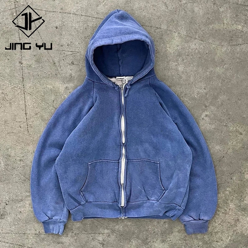 400gsm 500gsm Washed Distressed Hoodie Oversized Mens Distressed Blank Thick Acid Wash Drop Shoulder Double Zip up Hoodie Men