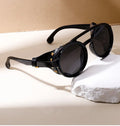 Vintage Man Round Sun Glasses Custom Logo Double Bridge Steam Punk Sunglasses With Leather Side Shields