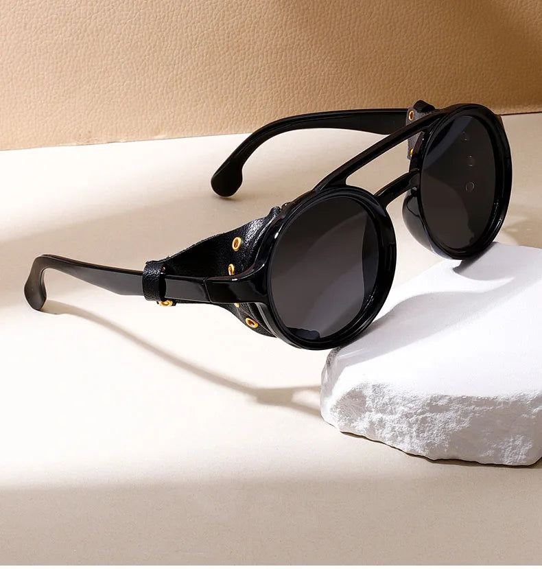 Vintage Man Round Sun Glasses Custom Logo Double Bridge Steam Punk Sunglasses With Leather Side Shields