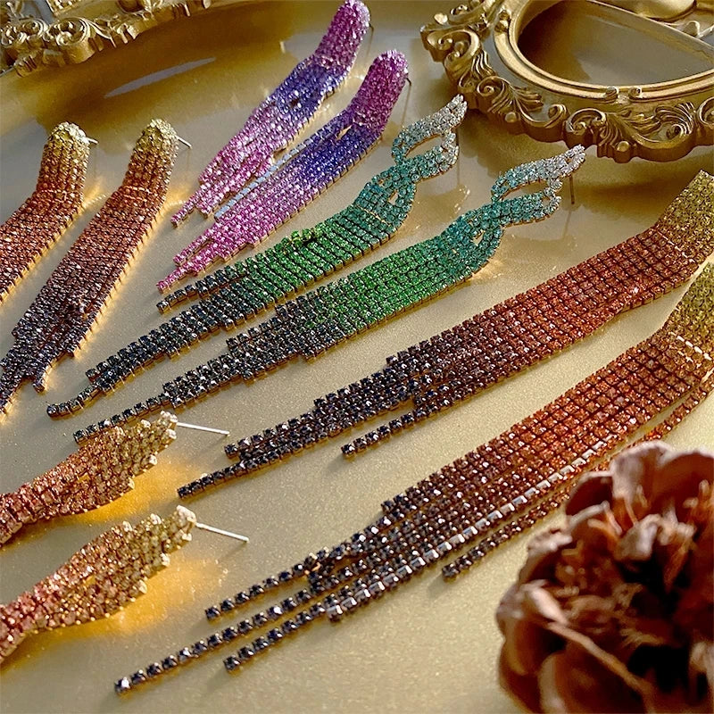 Kaimei 6 Colors New Luxury Gradient Rhinestone Crystal Long Tassel Earrings Women Shiny Bridal Wedding Dangle Rainbow Earrings