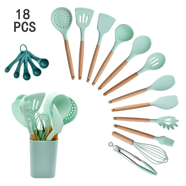 Promotion 18 Pieces Non-stick Kitchen Sets Silicone Cooking Utensils  with Plastic Holder Wooden Handle Measuring Spoon