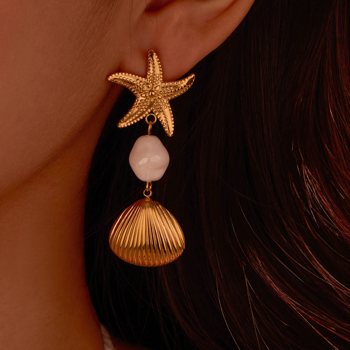 Summer Starfish Shell Pearl Pendant Drop Earrings Stainless Steel Gold Plated Hypoallergenic Waterproof Earrings Jewelry