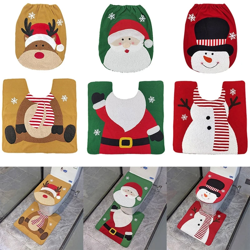 2 PCS Christmas Santa Claus Toilet Seat Cover Rug Christmas Toilet Lid Cover Home Decoration Bathroom Mat Xmas Decorative Gifts