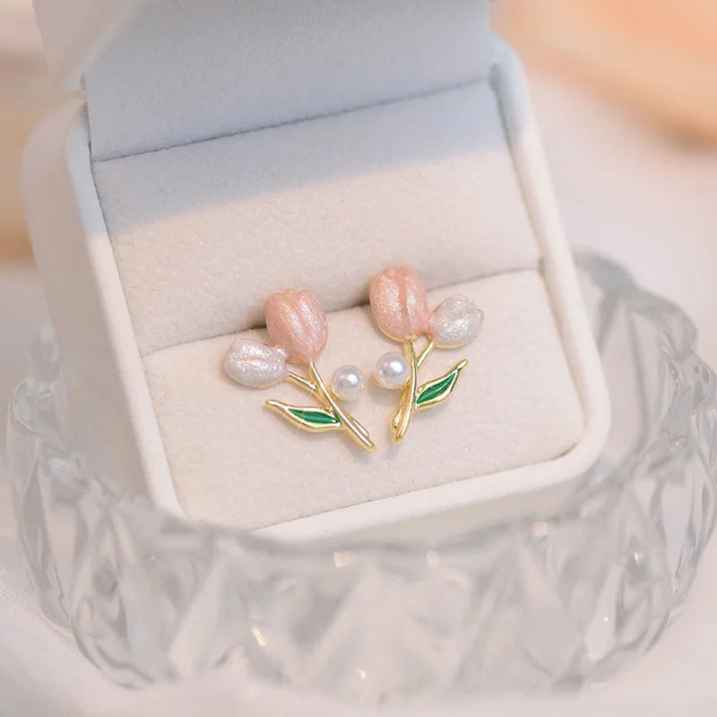 Pendientes De Flores Popular Enamel Acrylic Flowers Earring Inlay Bowknot Shine Zircon Tulip Flower Stud Earring