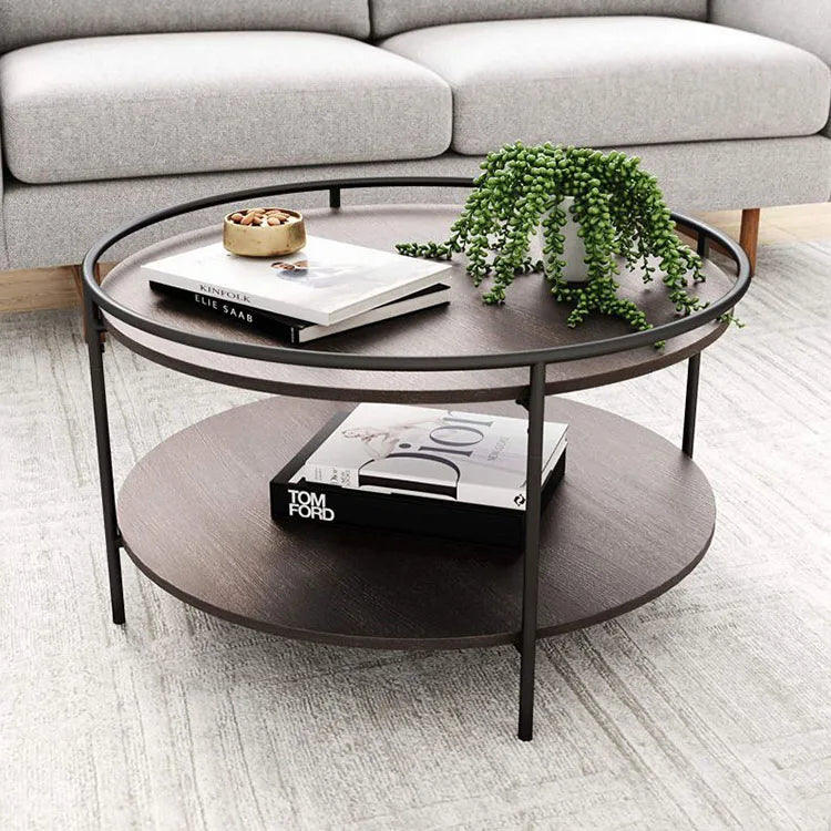 Living Room Round Side Table Metal Wooden Panel Circular Base Design Two Layers Coffee Table