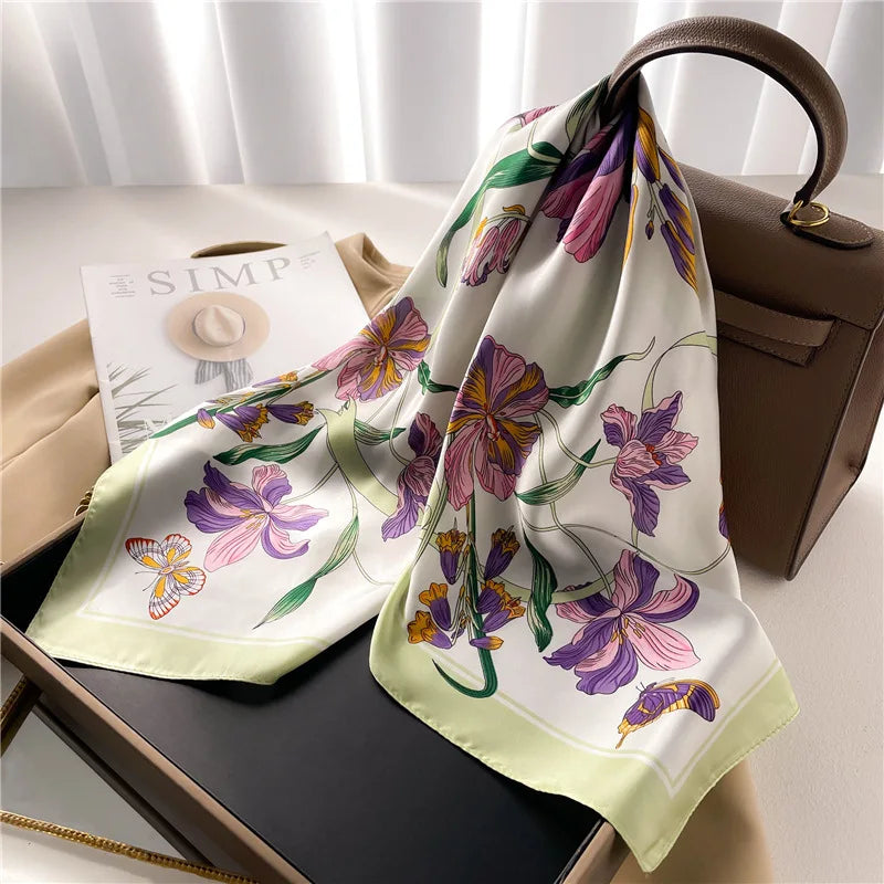 2023 Fashion Spring Summer Custom Printing Polyester Luxury Satin Silk Headscarf for Women Square Tudung Silk Scarf