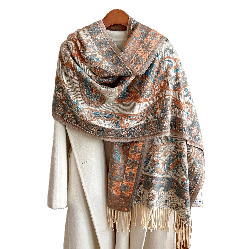 New Arrival Super Soft Cashmere Feel Shawl Long Pashmina Scarf With Leaf Pattern Square Style Thick Wraps & Shawls