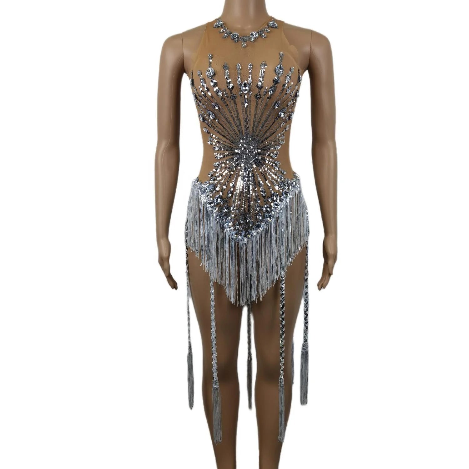 Sexy Tassel Sequin One Piece Bodysuit Festival Outfits Pole Dancer Leotard Rompers Women Fringes Rhinestone Bodycon Jumpsuits